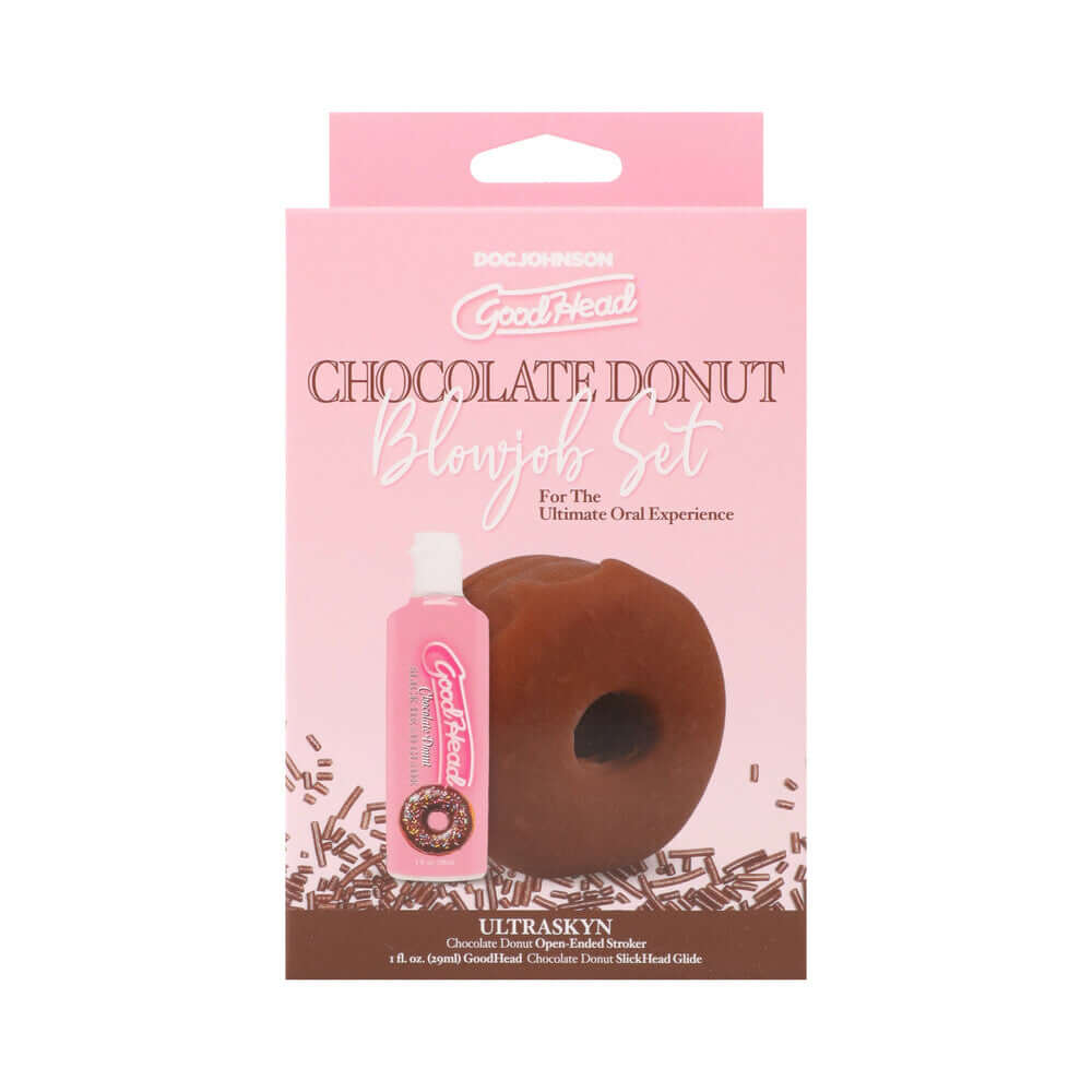 GoodHead Chocolate Donut Blowjob Set packaging with donut stroker and flavored lube, for ultimate oral experience.