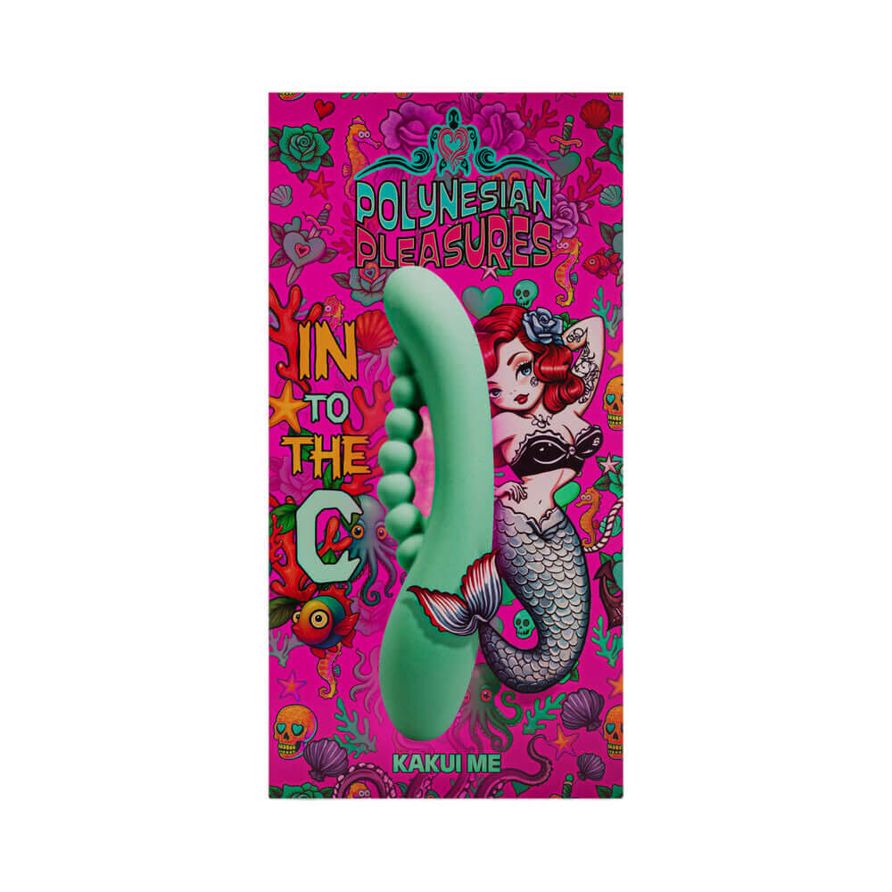 Polynesian Pleasures Into The C Kakui Me Kelp Green vibrator in colorful packaging with mermaid design.