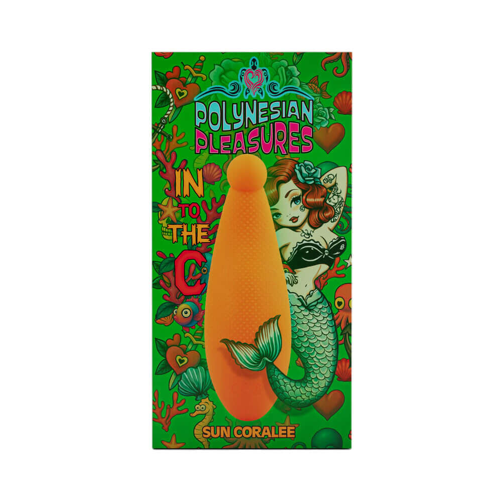 Polynesian Pleasures Into The C Sun Coralee Sunrise Orange silicone vibrator with coral design on a green background.