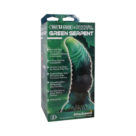 Vac-U-Lock x Fantasy Fuckers Green Serpent product packaging displaying its unique design and features.