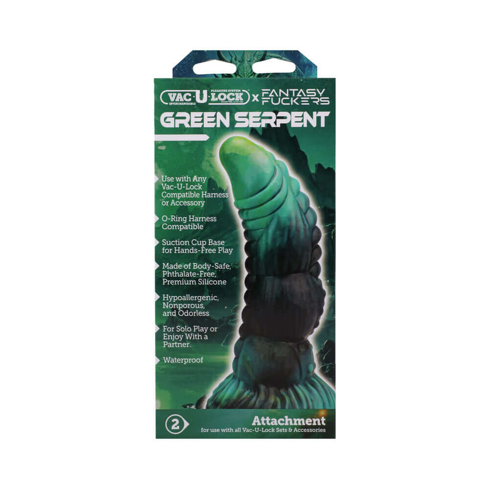 Vac-U-Lock x Fantasy Fuckers Green Serpent premium silicone fantasy dildo packaging.