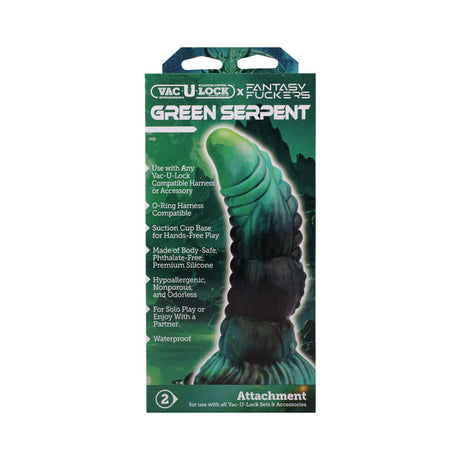 Vac-U-Lock x Fantasy Fuckers Green Serpent premium silicone fantasy dildo packaging.
