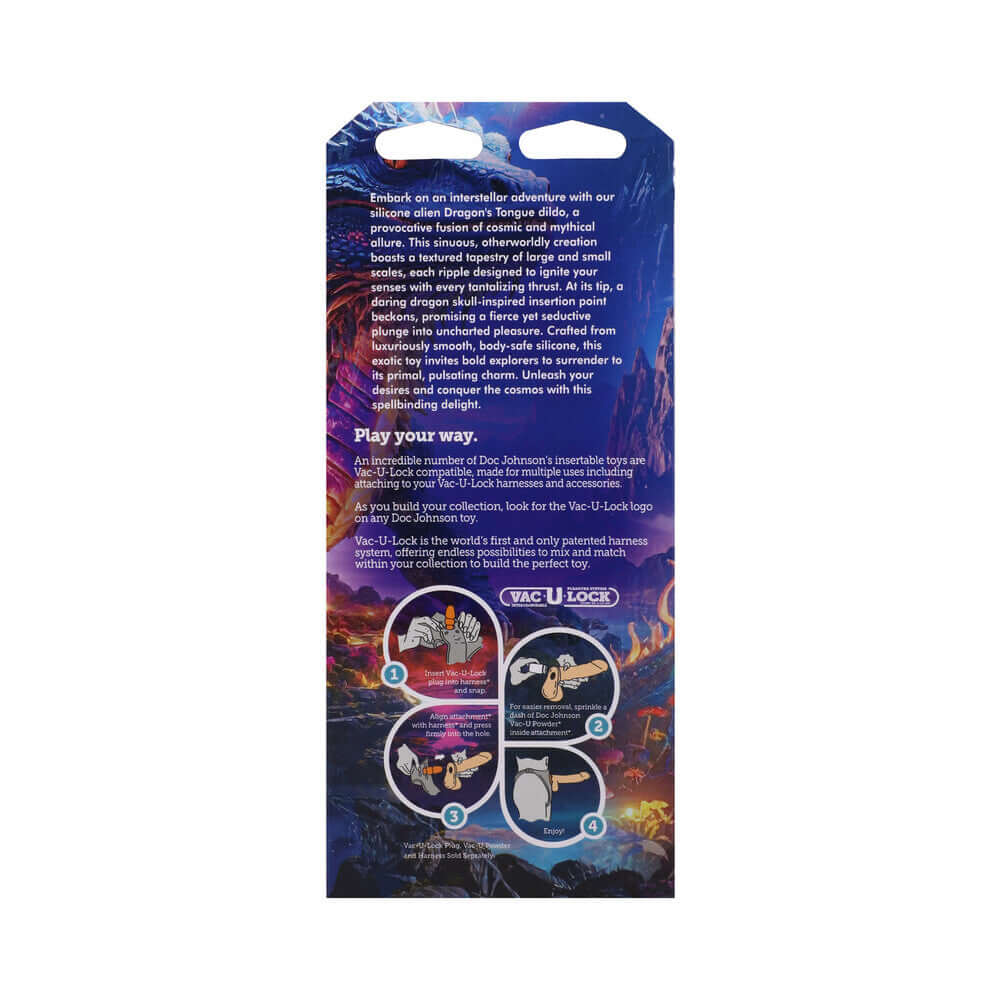 Product packaging for Vac-U-Lock x Fantasy Fuckers Glow-in-the-Dark Dragons Tongue featuring cosmic theme and usage instructions.