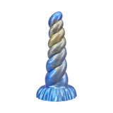 Vac-U-Lock x Fantasy Fuckers Outer Rim Blue Gold silicone dildo with blue and gold marbling, featuring a twisted design.