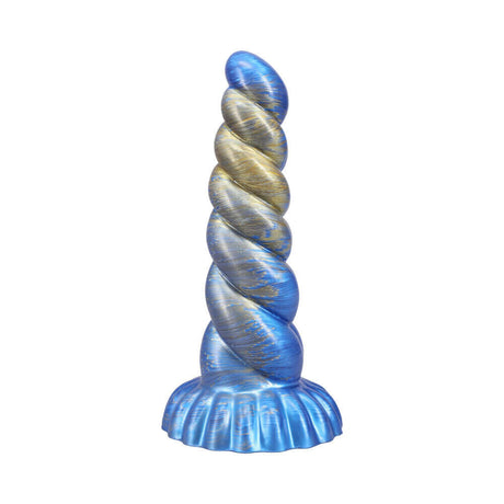 Vac-U-Lock x Fantasy Fuckers Outer Rim Blue Gold silicone dildo with spiral design and blue-gold marbling.