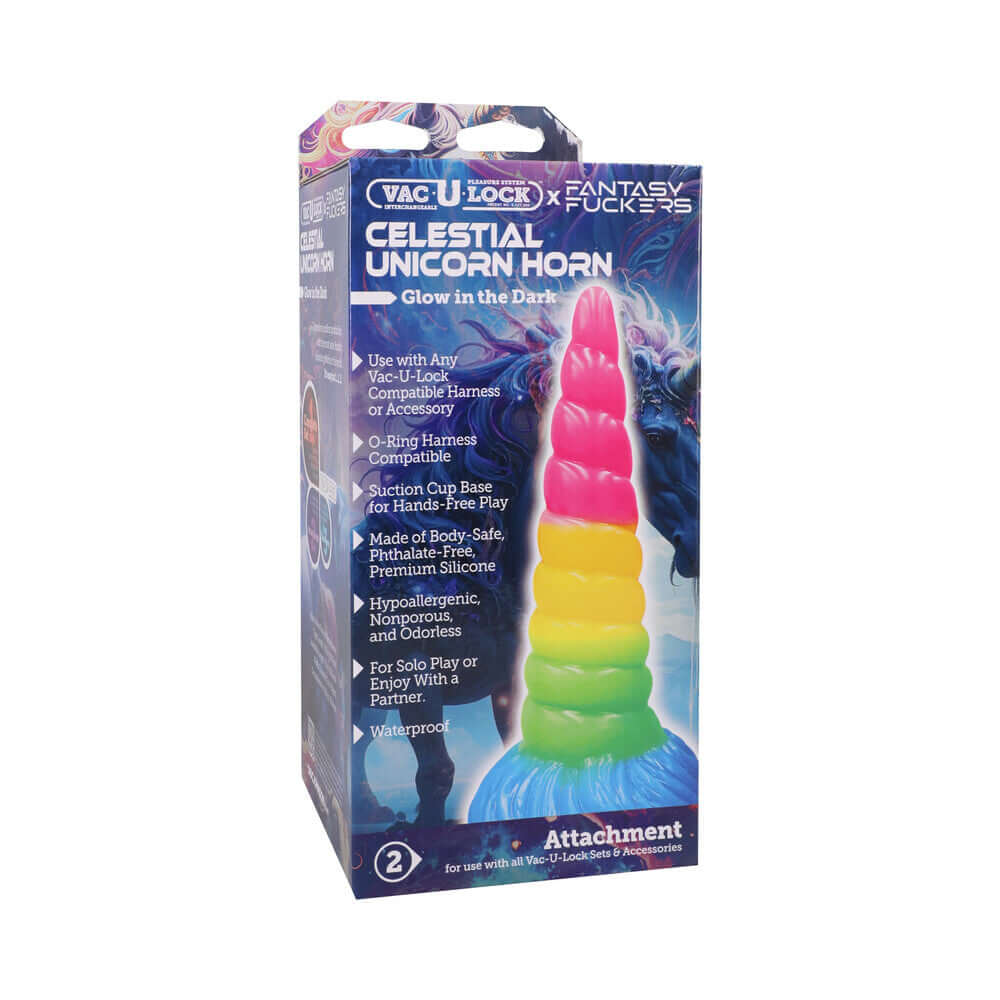Vac-U-Lock Fantasy Fuckers Celestial Unicorn Horn Glowing Dildo packaging with vibrant colors and details.