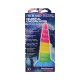 Vac-U-Lock Fantasy Fuckers Celestial Unicorn Horn Glowing Dildo packaging showcasing vibrant colors and glow-in-the-dark feature.
