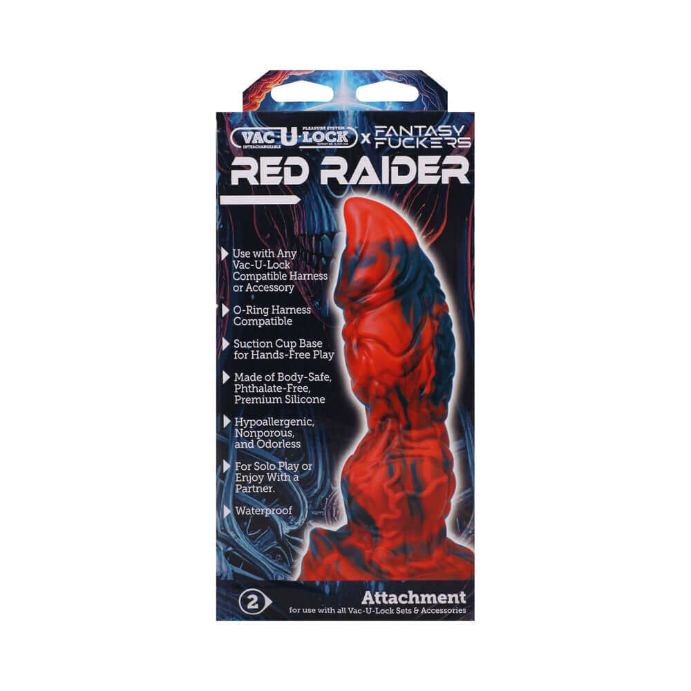 Vac-U-Lock Fantasy Fuckers Red Raider Silicone Dildo Red packaging showcasing features and compatibility.
