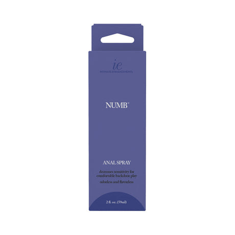 Intimate Enhancements Numb Anal Numbing Spray 2 Oz packaging, desensitizing spray for comfortable anal play.