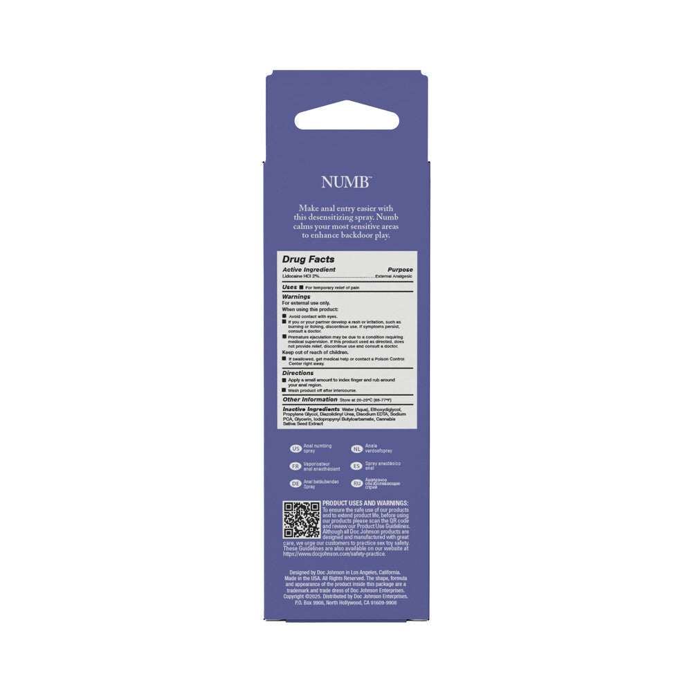 Intimate Enhancements Numb Anal Numbing Spray 2 Oz product packaging and drug facts back label.