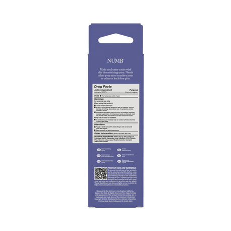Intimate Enhancements Numb Anal Numbing Spray 2 Oz product packaging and drug facts back label.
