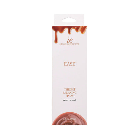 Ease Throat Relaxing Spray Salted Caramel 2 Oz packaging featuring salted caramel flavor and numbing agent for comfort.