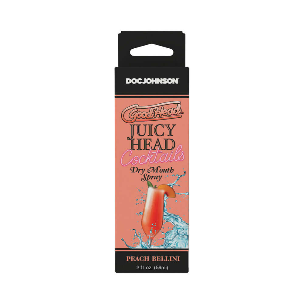 GoodHead Juicy Head Cocktails Dry Mouth Spray Peach 2 Oz packaging featuring a Peach Bellini design.