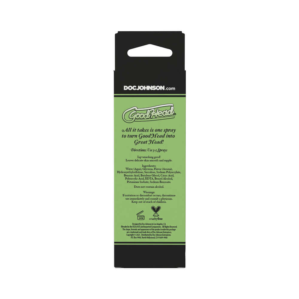 GoodHead Juicy Head Cocktails Dry Mouth Spray Mojito 2 Oz packaging back view with product details and instructions.