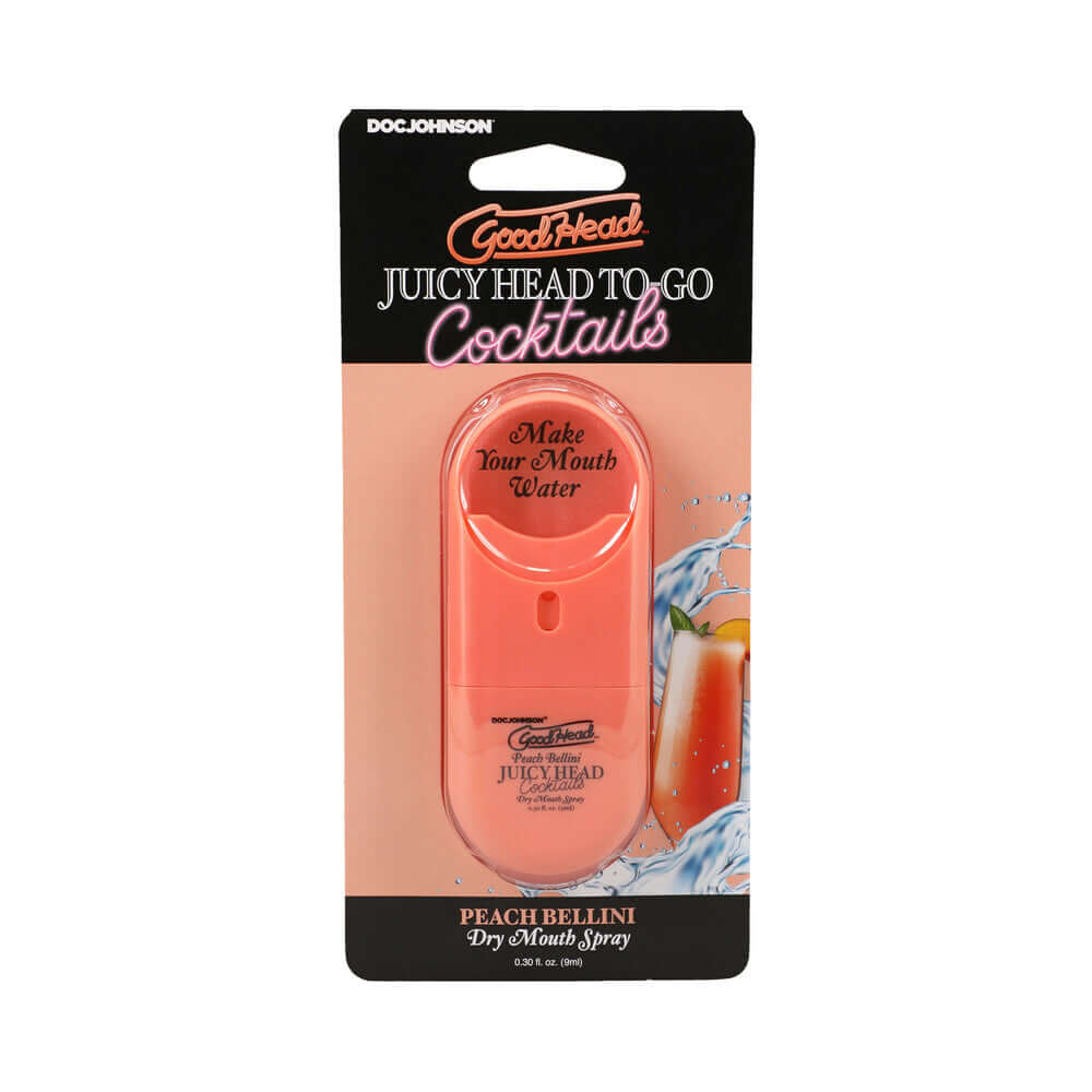 GoodHead Juicy Head Cocktails Dry Mouth Spray Peach packaging with Peach Bellini flavor for quick relief.