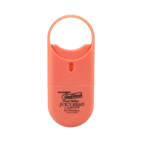 GoodHead Juicy Head Cocktails Dry Mouth Spray Peach packaging in a compact size for on-the-go hydration.