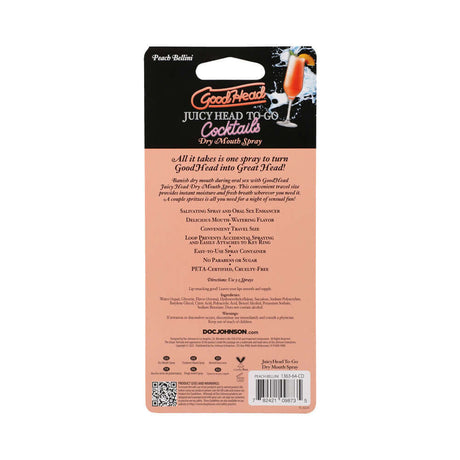 GoodHead Juicy Head Cocktails Dry Mouth Spray Peach packaging with Peach Bellini flavor details.