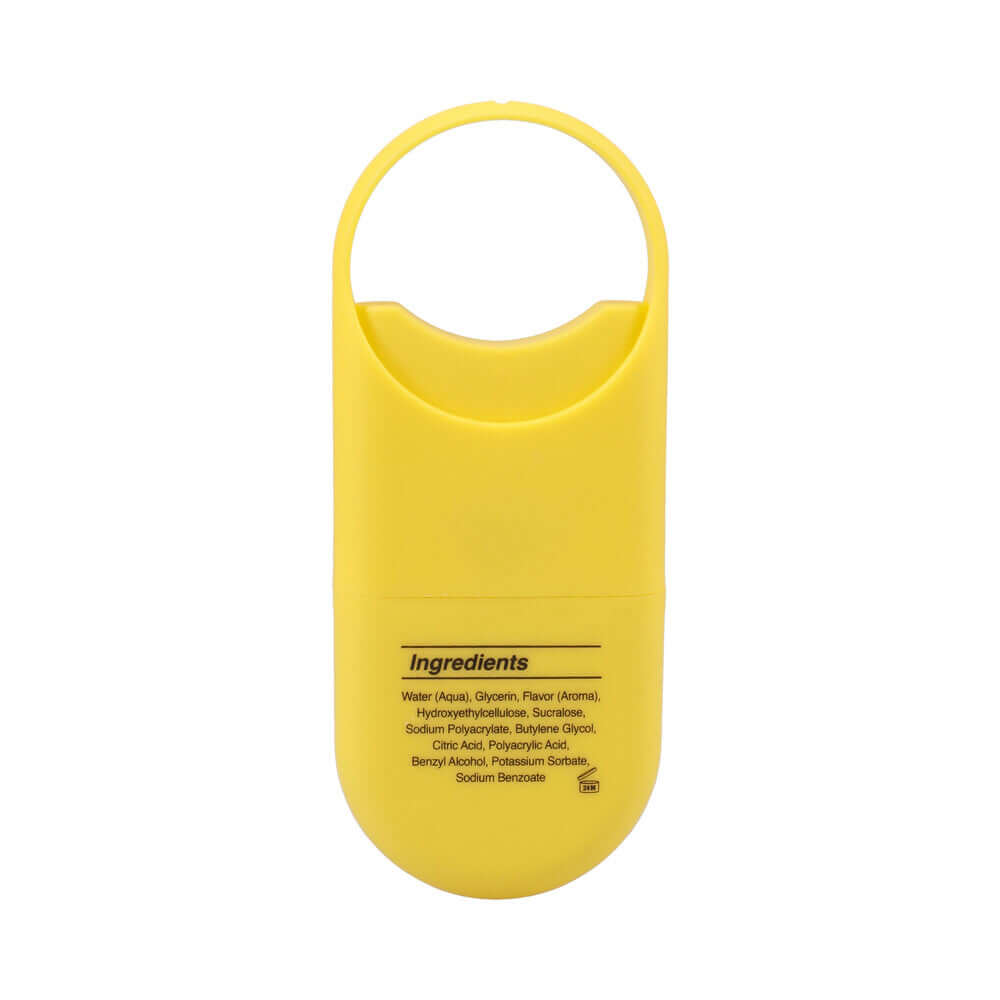 GoodHead Juicy Head Cocktails Dry Mouth Spray To-Go Lemon Drop ingredients list on yellow packaging.