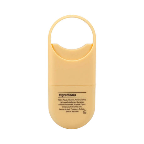 Ingredients list for GoodHead Dry Mouth Spray To-Go Strawberries & Champagne in a yellow container.