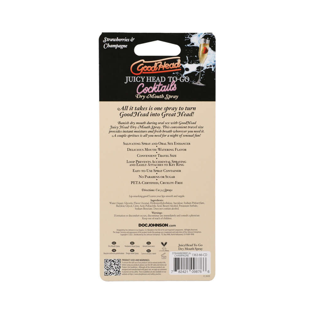 GoodHead Dry Mouth Spray To-Go Strawberries & Champagne product packaging back view with product details.