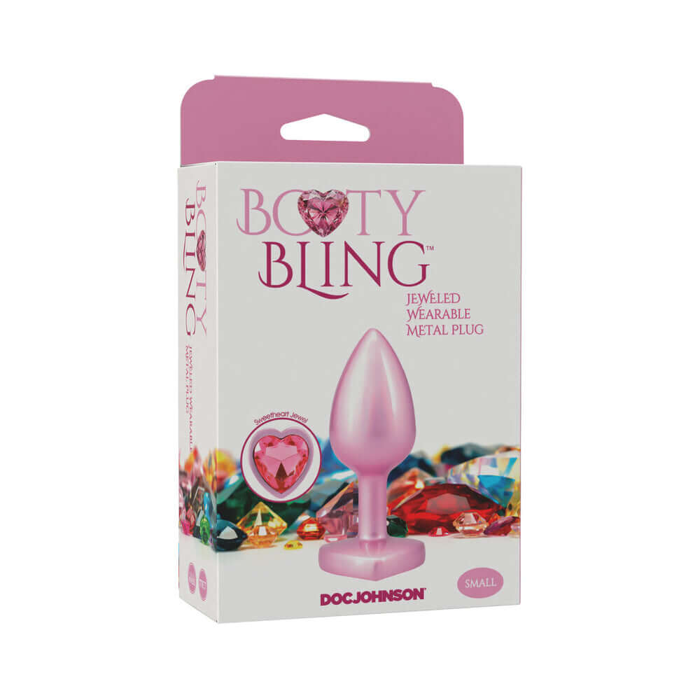 Booty Bling Heart Diamond Jeweled Metal Plug Pink Small packaging with jeweled design and product details.