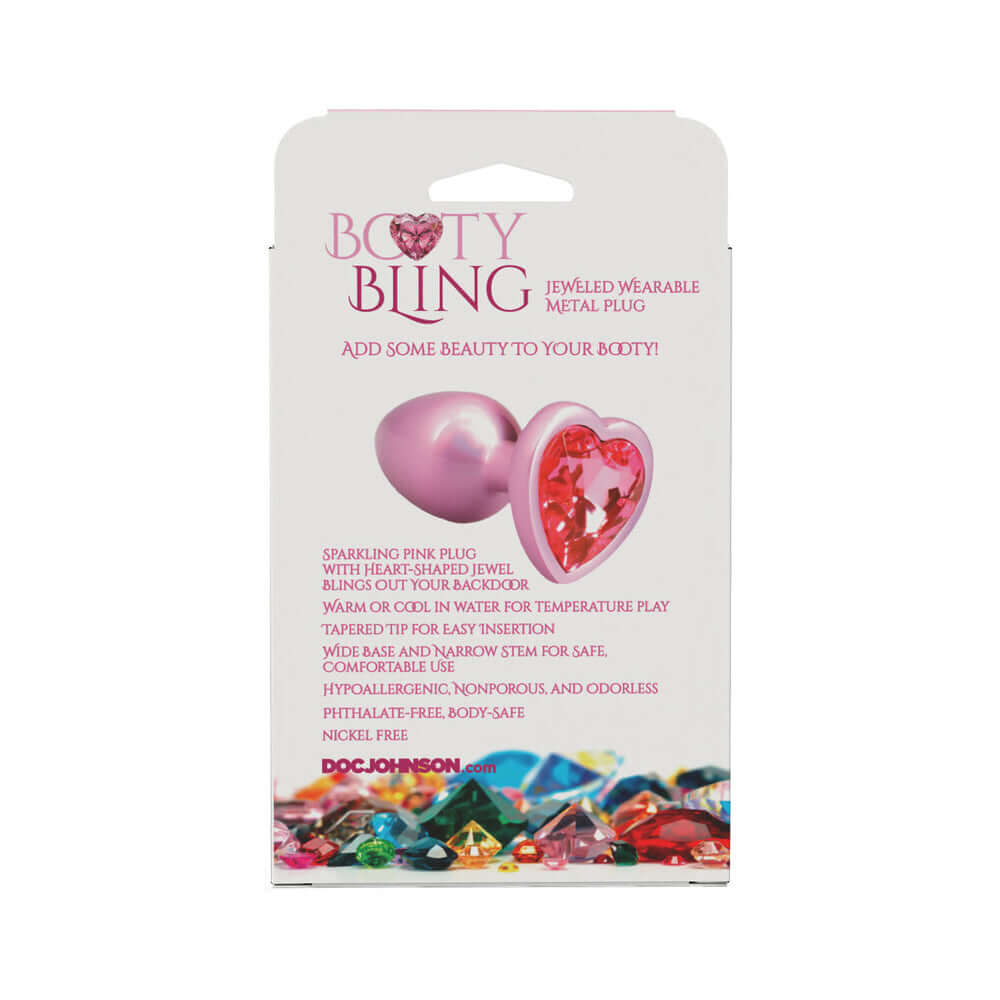 Booty Bling Heart Diamond Jeweled Metal Plug Pink Small packaging showcasing smooth design and heart jewel.