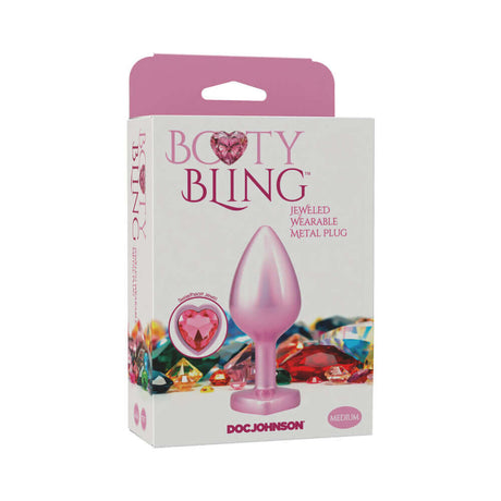 Booty Bling Heart Diamond Jeweled Metal Plug Pink Medium packaging with heart jewel design and colorful gems.