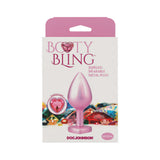 Booty Bling Heart Diamond Jeweled Metal Plug Pink Medium packaging featuring a polished pink jeweled plug.