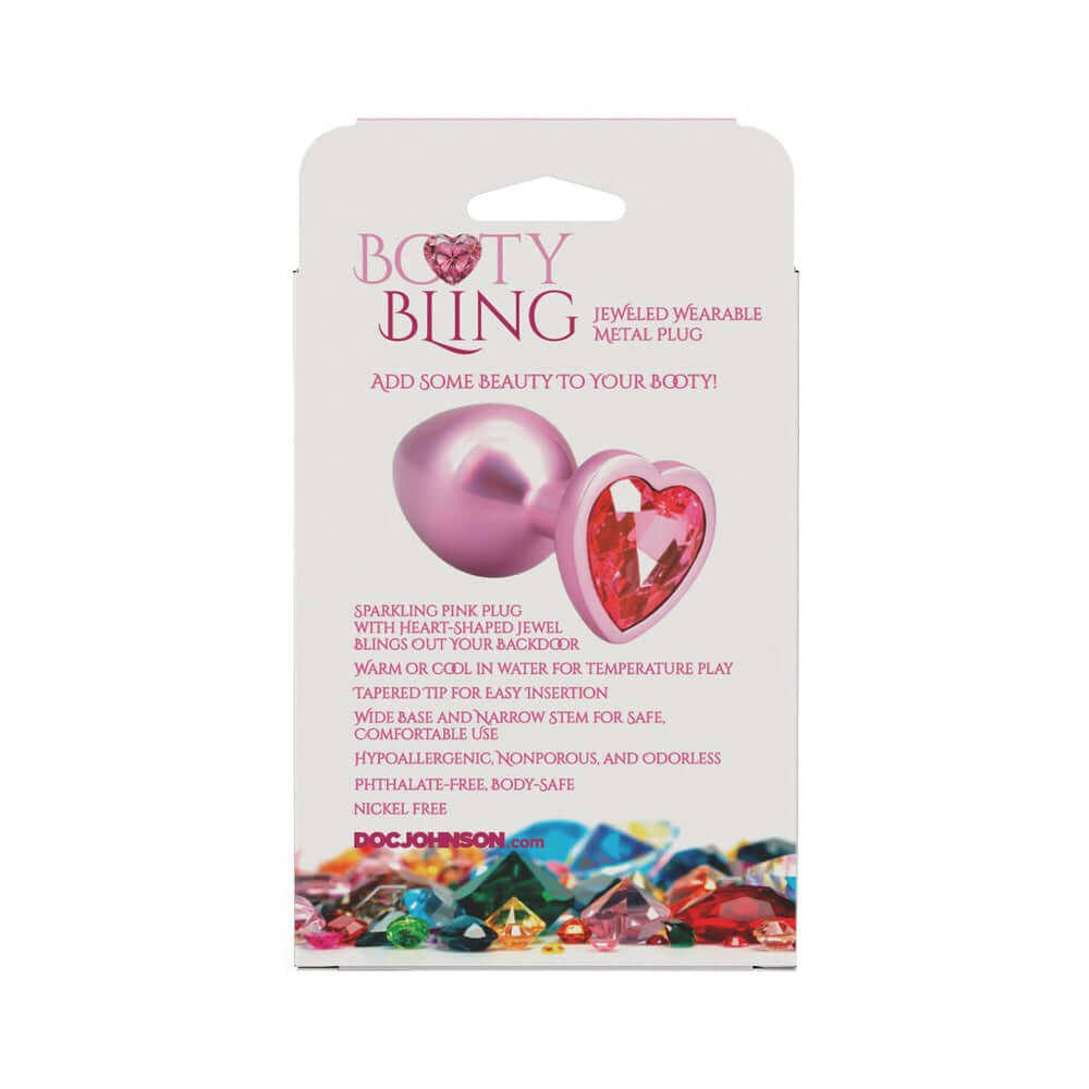 Booty Bling Heart Diamond Jeweled Metal Plug Pink Medium packaging displaying sparkling pink plug and heart jewel design.