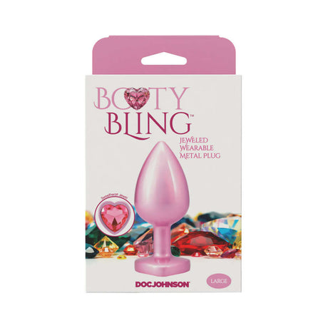 Booty Bling Heart Diamond Jeweled Metal Plug Pink Large packaging with a glossy finish and heart-shaped jewel design.