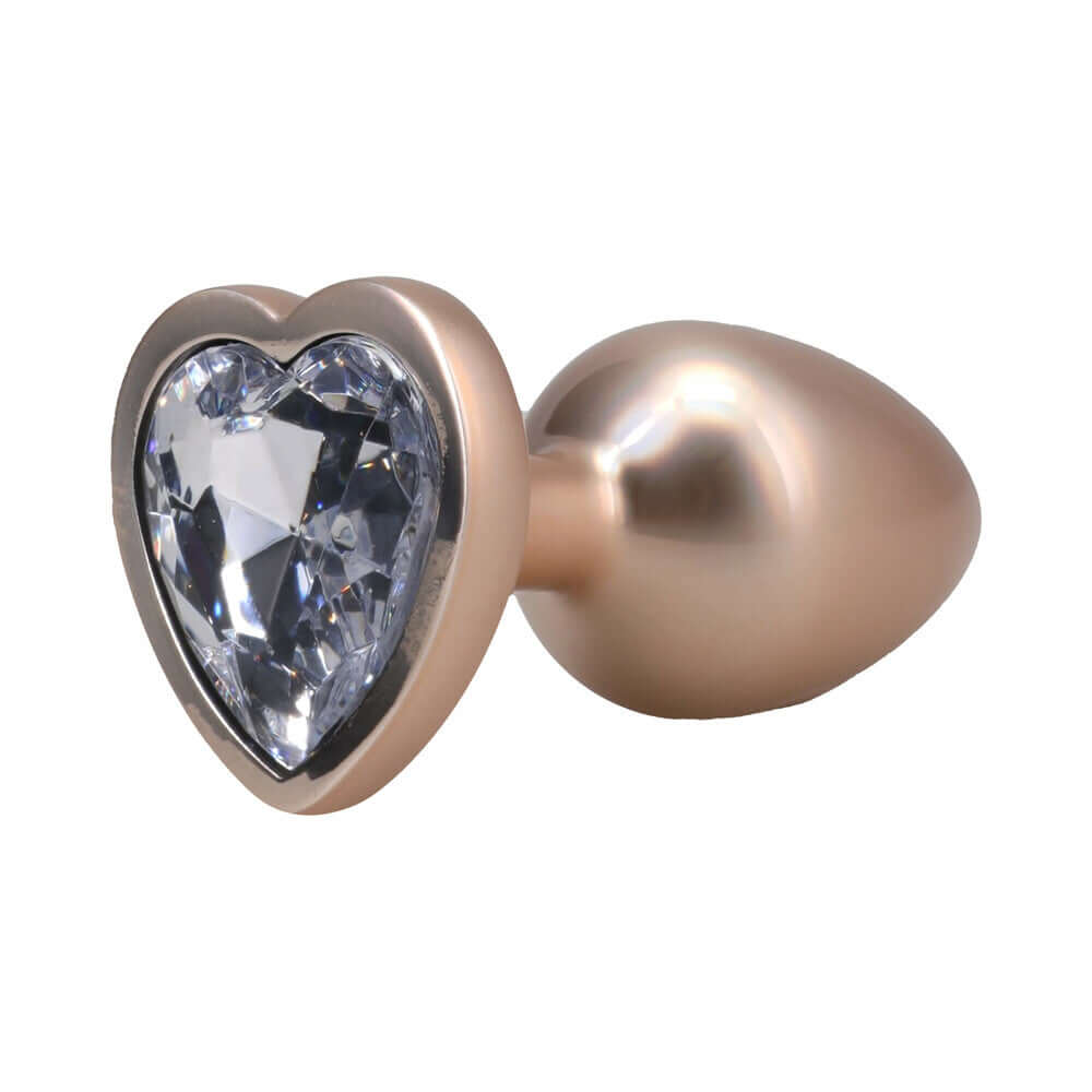 Booty Bling Heart Diamond Jeweled Metal Plug Gold Small with heart-shaped jewel base and smooth metal design.