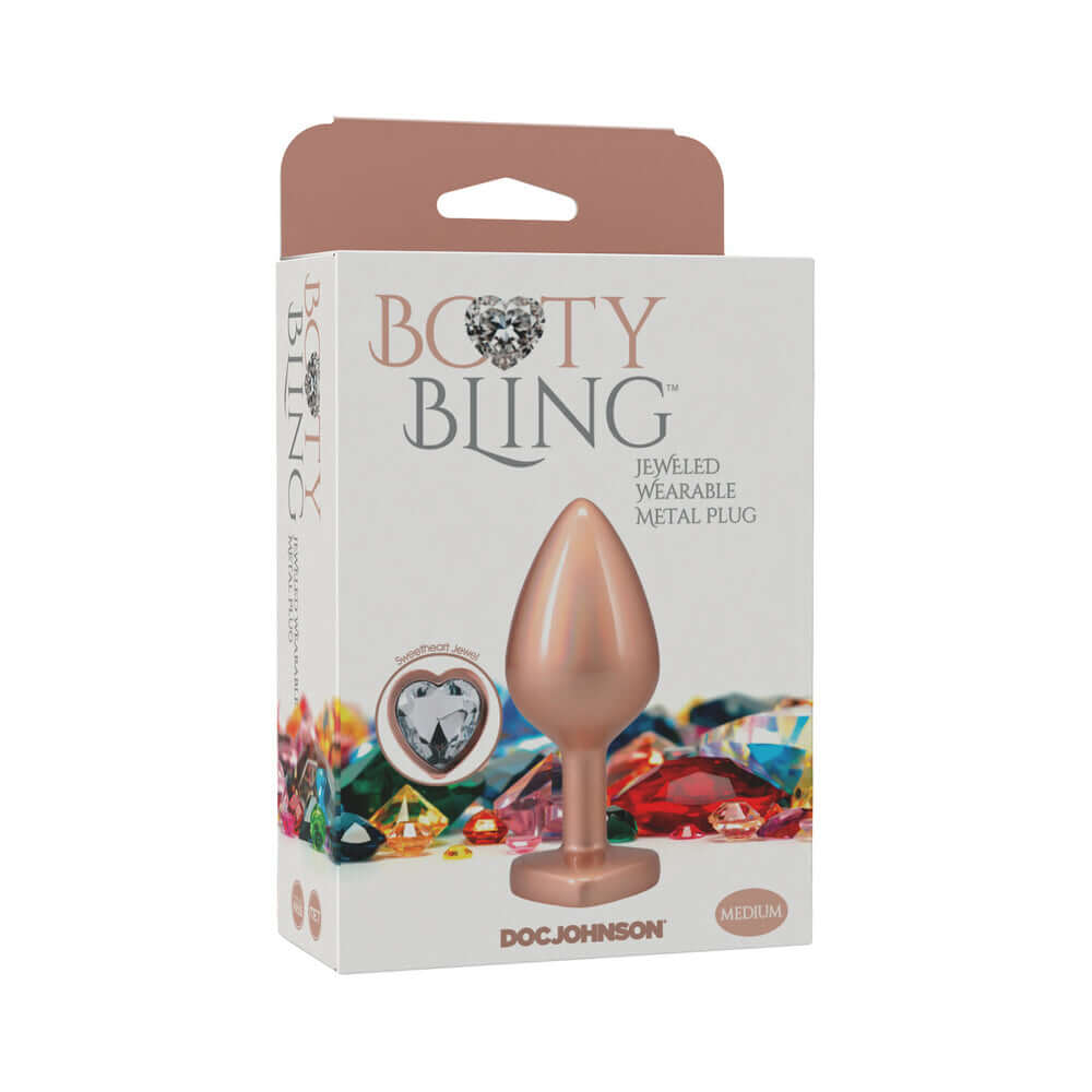 Booty Bling Heart Diamond Jeweled Metal Plug Gold Medium packaging with elegant design and jeweled heart base.