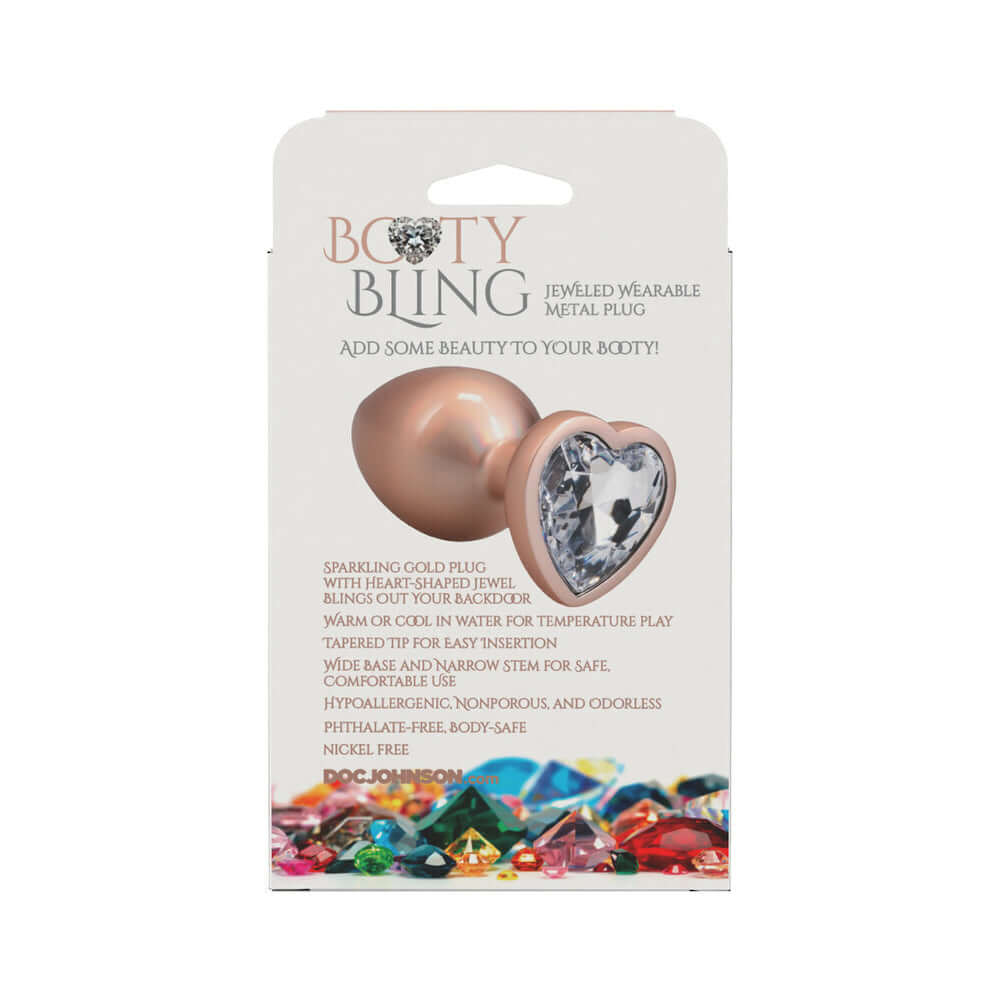 Booty Bling Heart Diamond Jeweled Metal Plug Gold Large packaging showcasing elegant design and features.