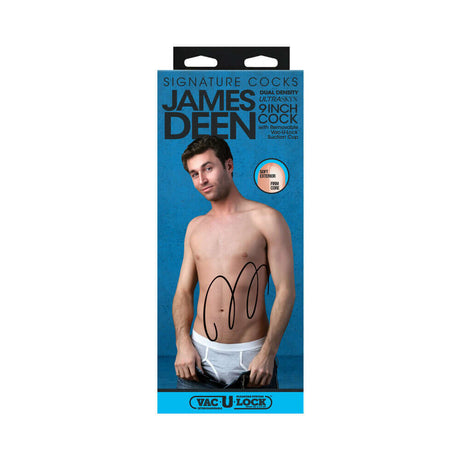 James Deen Porn Star Dildo 9 inch ULTRASKYN Cock packaging featuring a male model and product details.
