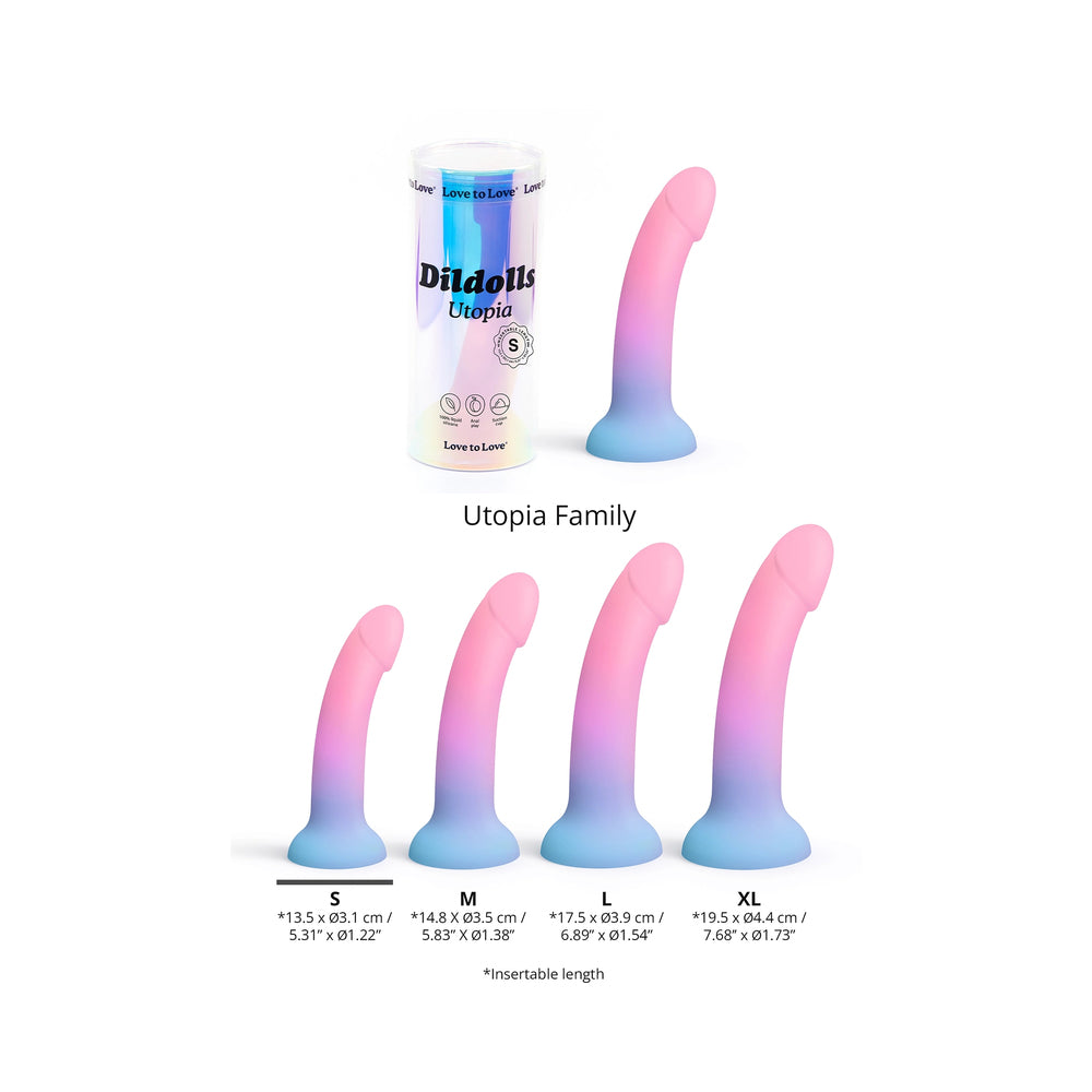 Love To Love Dildolls Utopia Small Silicone Dildo with gradient colors and size options displayed, designed for beginners.