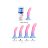 Love To Love Dildolls Utopia Small Silicone Dildo with gradient colors and size options displayed, designed for beginners.