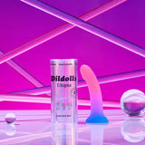Love To Love Dildolls Utopia Small Silicone Dildo showcased against a vibrant pink backdrop.