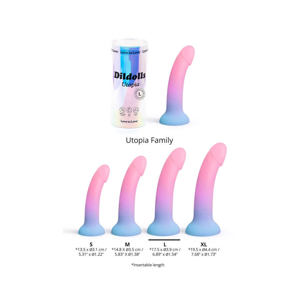 Love to Love Dildolls Utopia Large and its family of silicone dildos in gradient colors on display.
