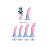 Love to Love Dildolls Utopia Large and its family of silicone dildos in gradient colors on display.