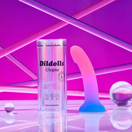 Love to Love Dildolls Utopia Large silicone dildo with gradient colors in stylish packaging.
