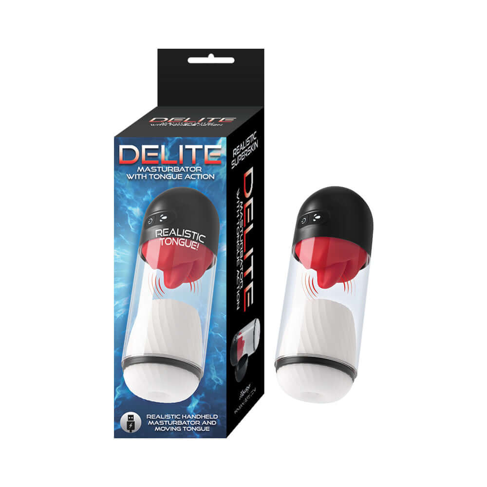 Delite Masturbator with Tongue Action White packaging and product design for enhanced pleasure.