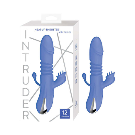 Intruder Heat Up Thruster with Tickler Blue product packaging featuring 12 vibrating functions and stimulating design.