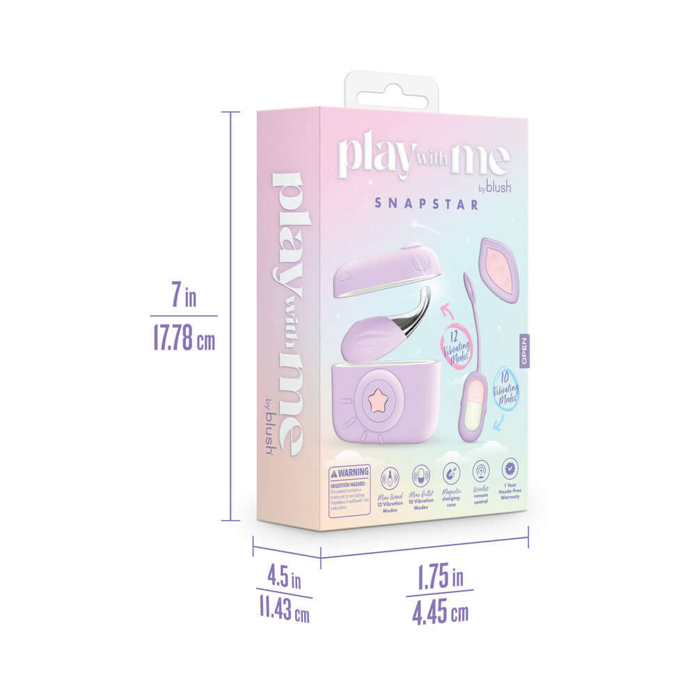 Play With Me Snapstar Vibrator Set with Remote Purple packaging featuring dimensions and product details.