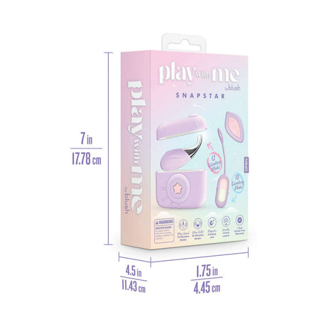 Play With Me Snapstar Vibrator Set with Remote Purple packaging featuring dimensions and product details.