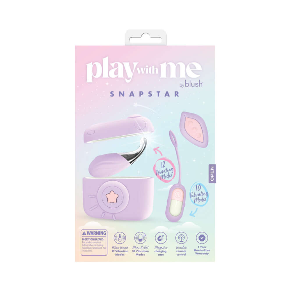 Play With Me Snapstar Vibrator Set with Remote Purple packaging featuring mini wand and remote control.