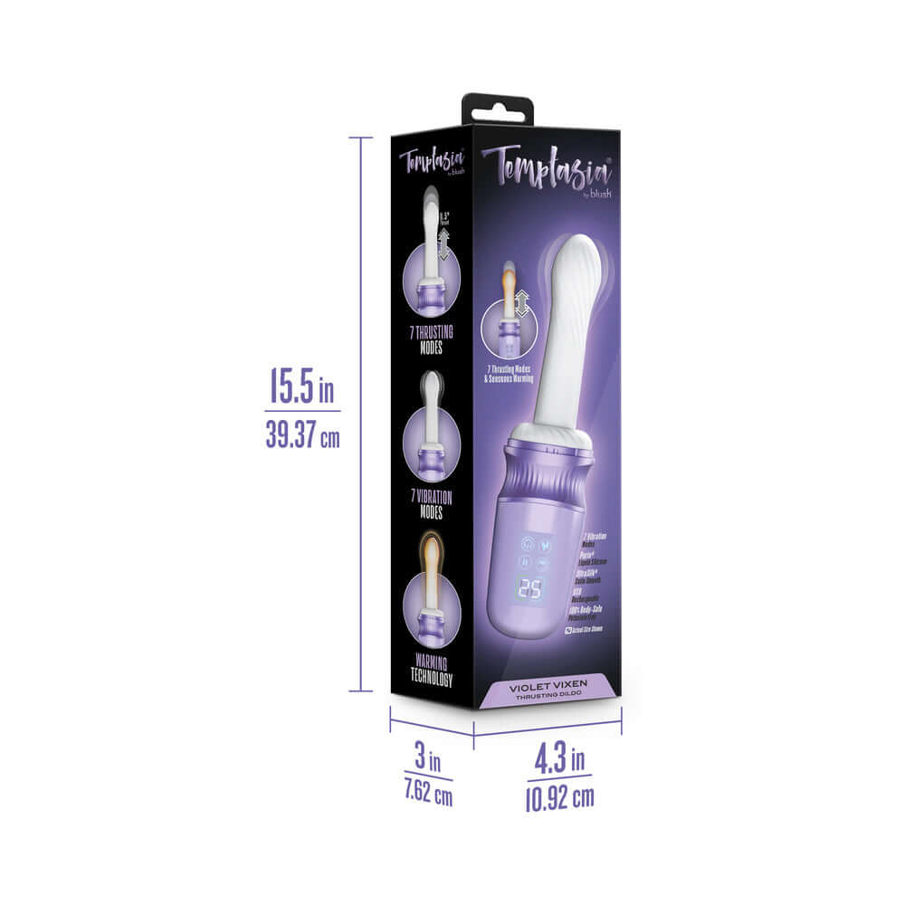 Temptasia violet Vixen Thrusting Dildo Vibrator Purple packaging with dimensions and features displayed.