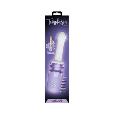 Temptasia violet Vixen Thrusting Dildo Vibrator Purple packaging showcasing luxury thrusting vibrator with control panel.