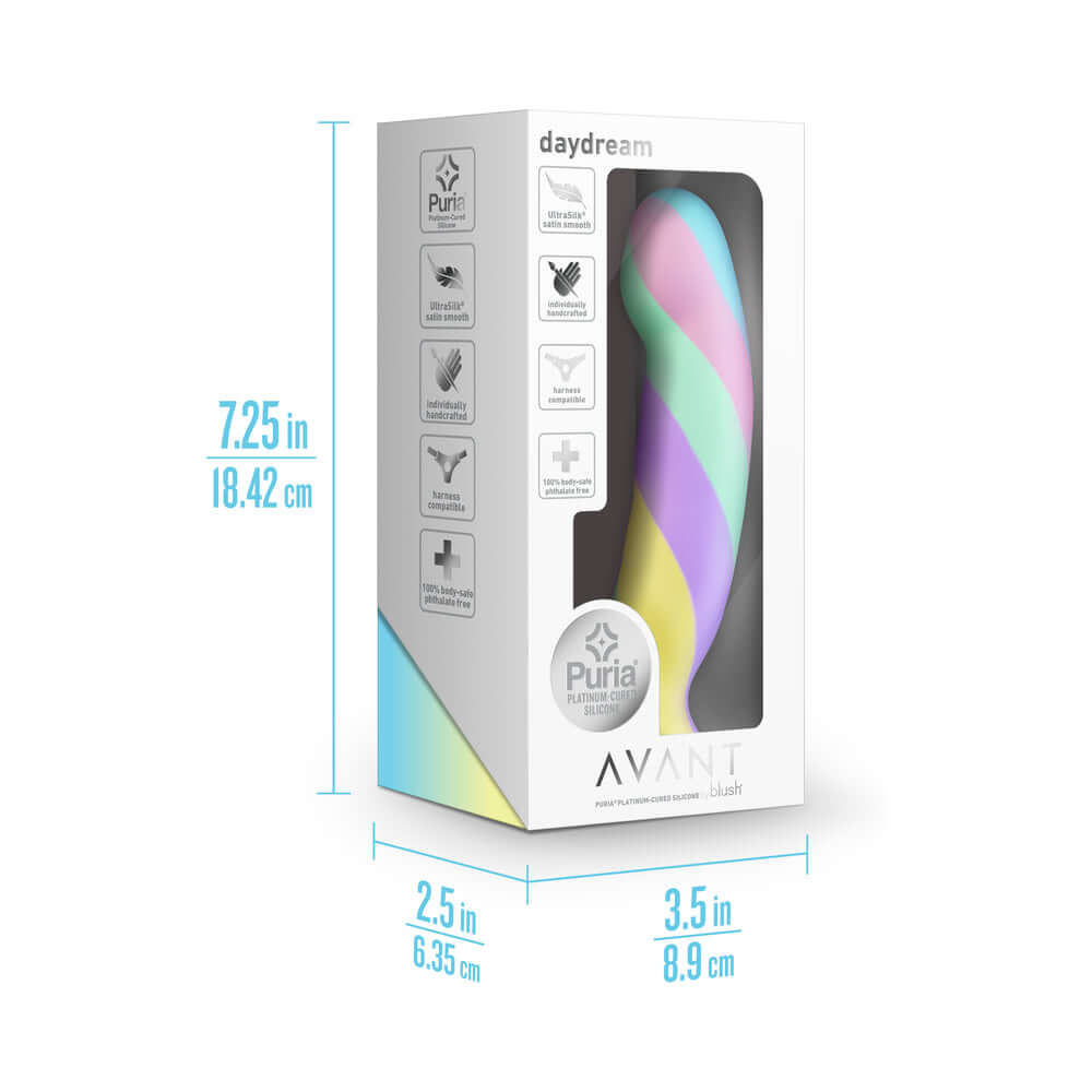 Avant Daydream Silicone Dildo packaging displaying dimensions and design features.