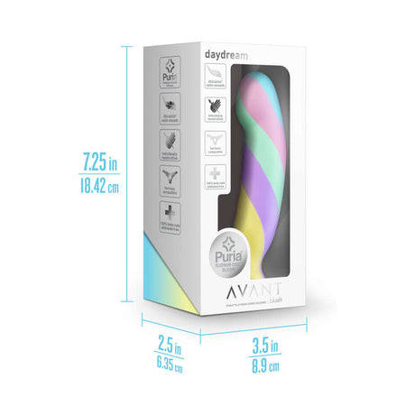 Avant Daydream Silicone Dildo packaging displaying dimensions and design features.