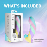 Avant Daydream Silicone Dildo displayed with colorful packaging and the text "What's Included" in the background.